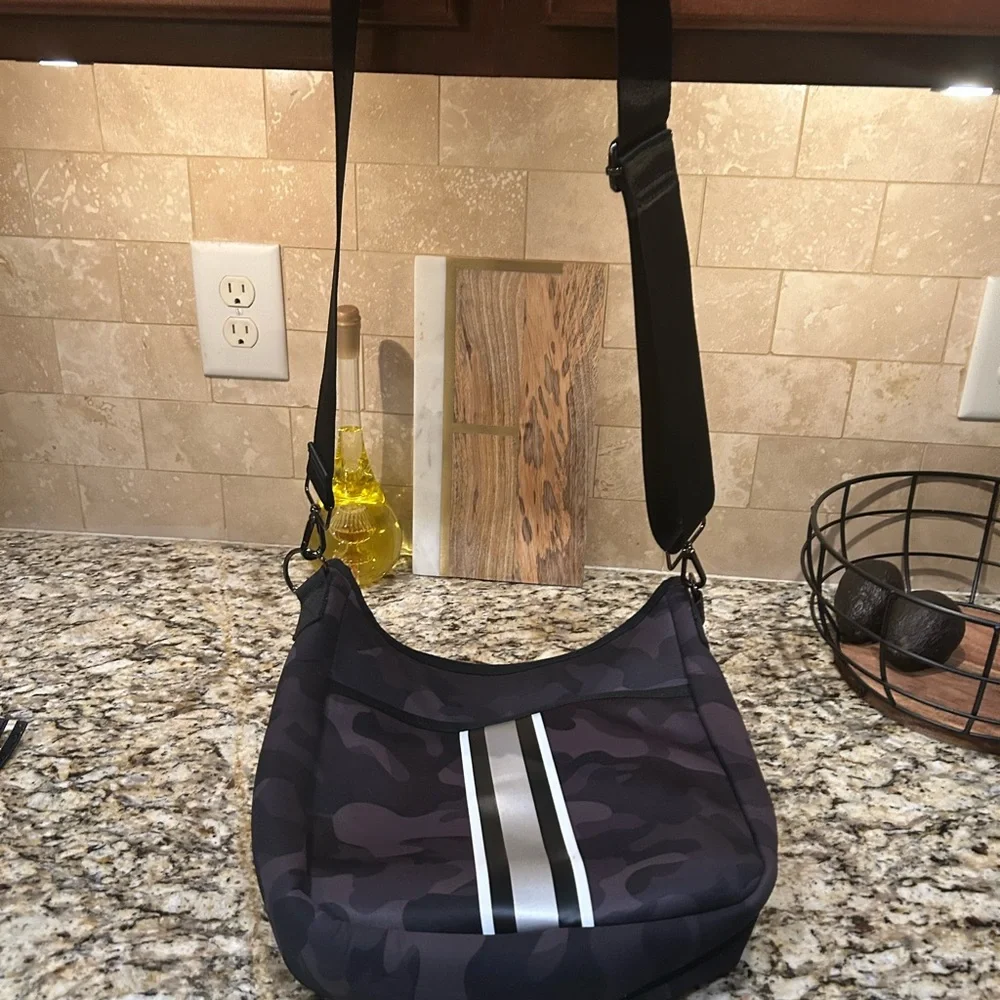 Haute Shore Black Camo Neoprene Crossbody Handbag 12”x13”